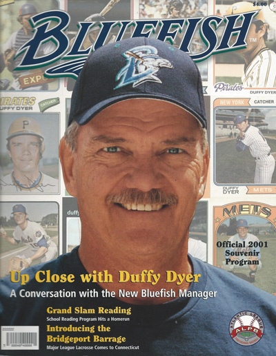 Manager Duffy Dyer on the cover of a 2001 Bridgeport Bluefish baseball program from the Atlantic League