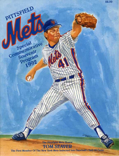 Illustration of pitcher Tom Seaver on the cover of a 1992 Pittsfield Mets baseball program from the New York-Penn League