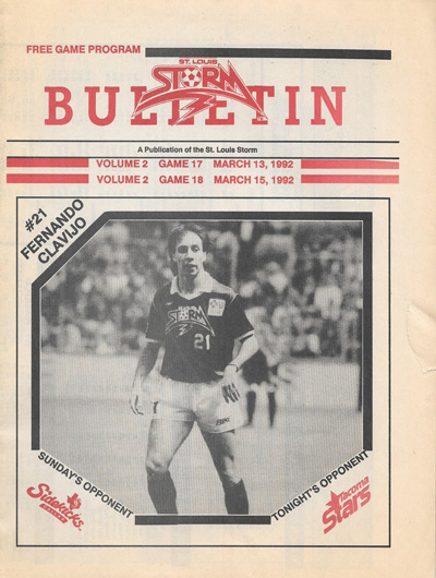 Fernando Clavijo on the cover of a 1992 St. Louis Storm program from the Major Indoor Soccer League