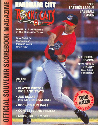 Todd Walkeron on the cover of a 1996 Hardware City Rock Cats baseball program from the Eastern League