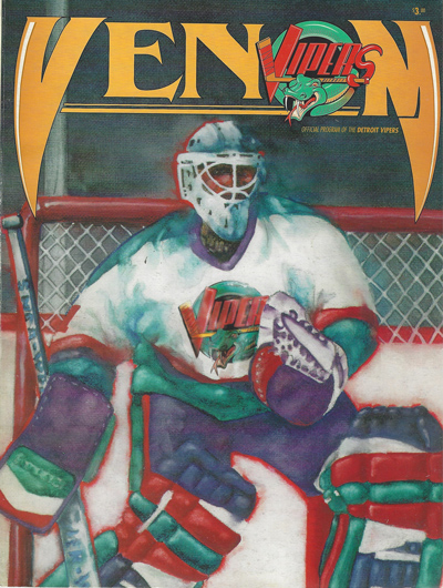 Detroit Vipers goaltender on the cover of a 1995 Vipers program from the International Hockey League