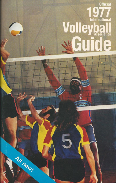 Wilt Chamberlain leaps for a block on the cover of the 1977 International Volleyball Association Media Guide