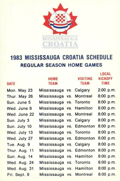 1983 Mississauga Croatia pocket schedule from the Canadian Professional Soccer League
