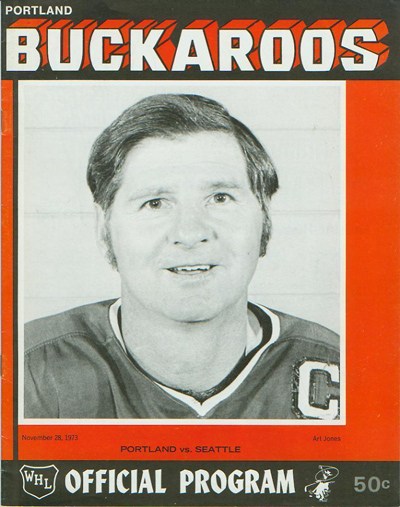 Art Jones on the cover of a 1973 Portland Buckaroos program from the Western Hockey League