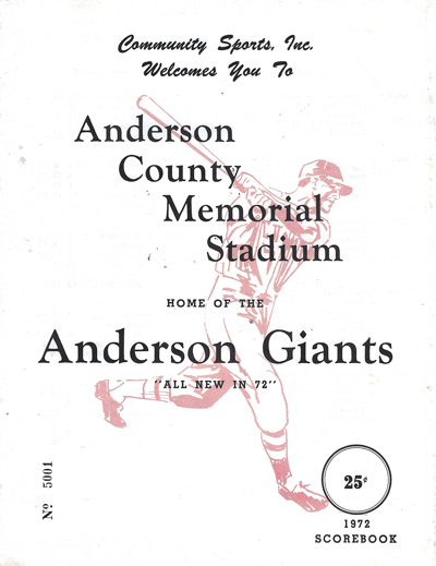 1972 Anderson Giants baseball program from the Western Carolinas League