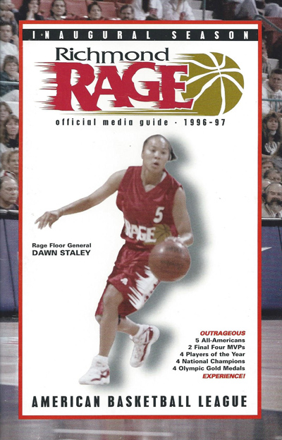 Dawn Staley on the cover of the 1996-97 Richmond Rage Media Guide from the American Basketball League