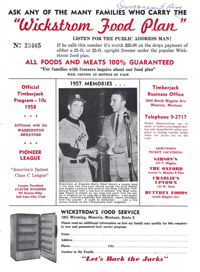 1958 Missoula Timberjacks baseball program from the Pioneer League