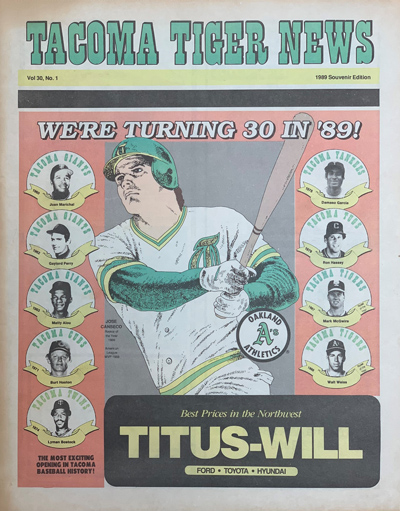 Illustration of Jose Canseco on the cover of a 1989 Tacoma Tigers baseball program from the Pacific Coast League