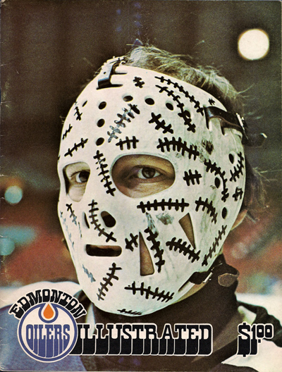 Gerry Cheevers of the Cleveland Crusaders on the cover of a 1975 Edmonton Oilers program from the World Hockey Association