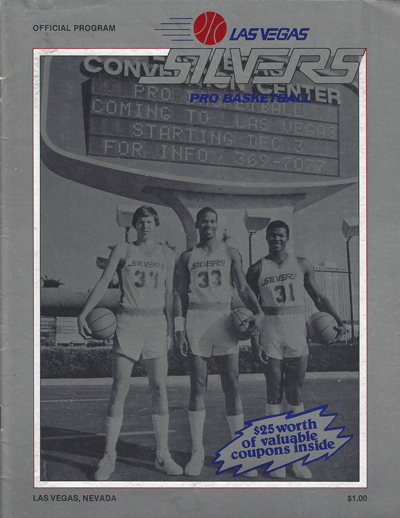 Kevin McKenna, Larry Spriggs & Oliver Mack on the cover of a 1982 Las Vegas Silvers program from the Continental Basketball Association