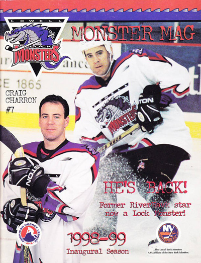 Craig Charron on the cover of a 1998-99 Lowell Lock Monsters Program from the American Hockey League