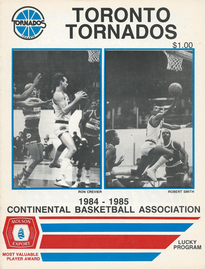 Ron Crevier and Robert Smith on the cover of a 1985 Toronto Tornados program from the Continental Basketball Association