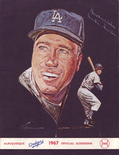 Illustration of Duke Snider on the cover of a 1967 Albuquerque Dodgers baseball program from the Texas League