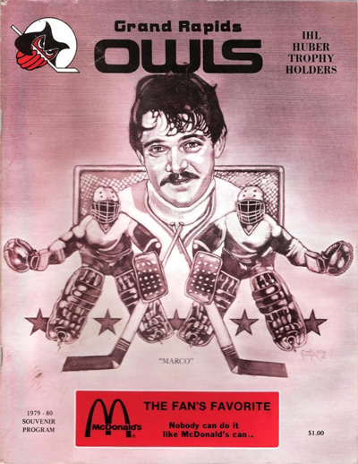 Illustration of goaltender Marco Baron on the cover of a 1979-80 Grand Rapids Owls program from the International Hockey League