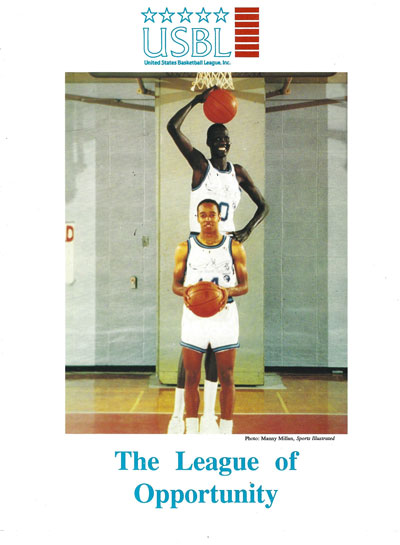 Manute Bol and Spud Webb on the cover of a 1992 United States Basketball League Marketing Brochure