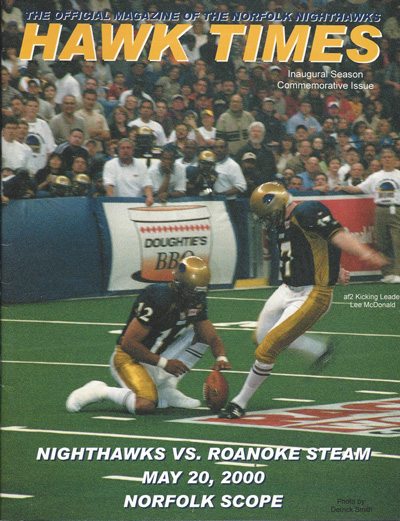 Kicker Lee McDonald on the cover of a 2000 Norfolk Nighthawks program from Arena Football 2