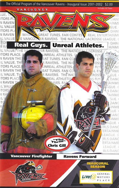 Chris Gill on the cover of a 2001 Vancouver Ravens program from the National Lacrosse League