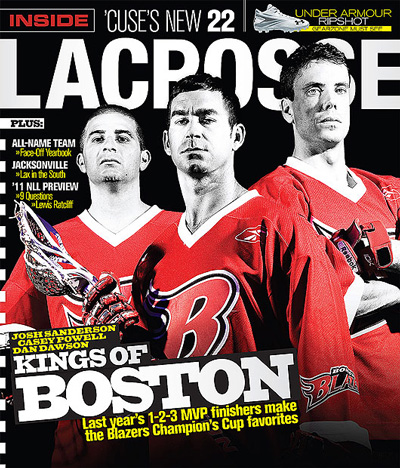 Josh Sanderson, Casey Powell and Dan Dawson of the Boston Blazers on the cover of a 2011 edition of Inside Lacrosse Magazine
