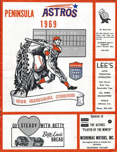 1969 Peninsula Astros baseball program from the Carolina League