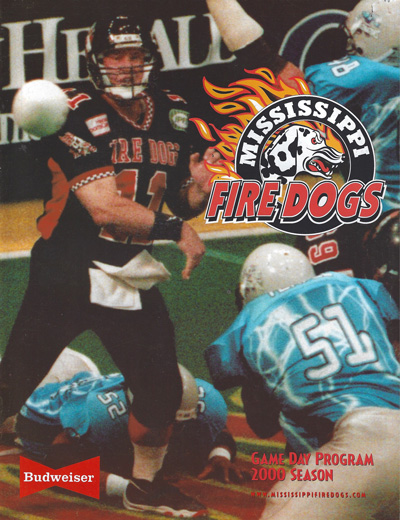 Quarterback John Fourcade on the cover of a 2000 Mississippi Fire Dogs Program from the Indoor Professional Football League