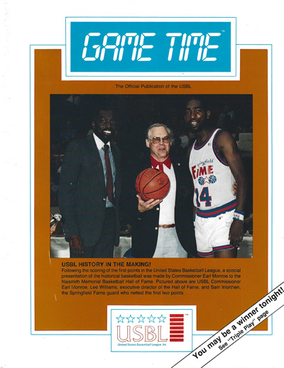 Sam Worthen of the Springfield Fame on the cover of a 1985 United States Basketball League Program