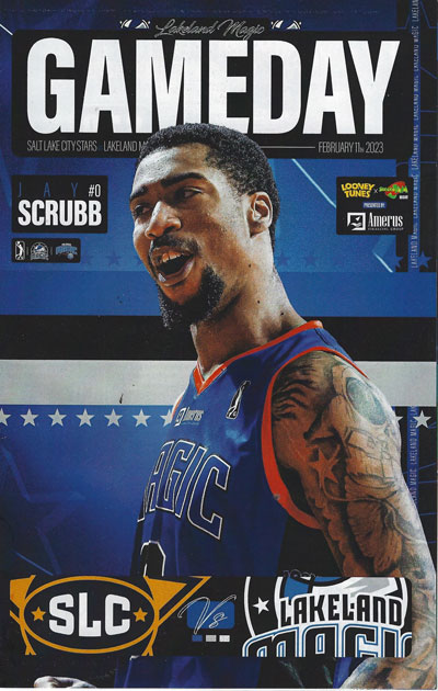Jay Scrubb on the cover of a 2023 Lakeland Magic program from the NBA G-League