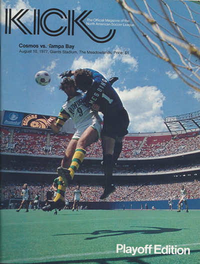 Goalkeeper Shep Messing on the cover of a 1977 New York Cosmos program from the North American Soccer League