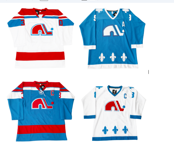 Four Quebec Nordiques jerseys. White, blue, royal blue, and white.