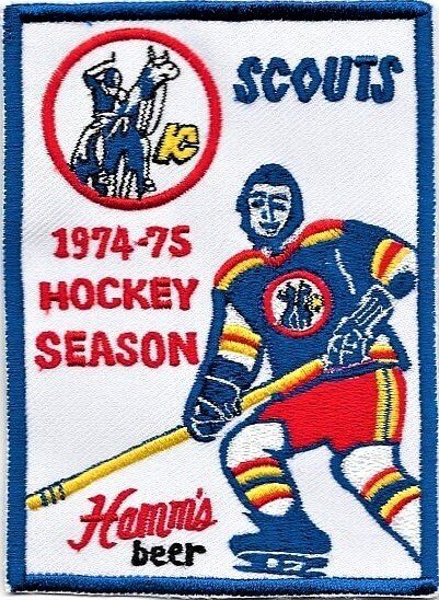 Kansas City Scouts ad. Logo top left, player in blue uniform below left. 1974-75 Hockey Season in red to left of player.