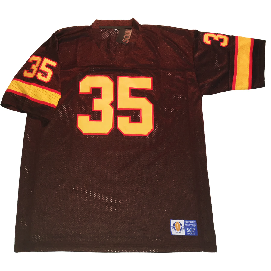 The Hawaiians WFL Jersey brown. thin orange, wide gold, thin orange bands just above sleeve ends. #35 in gold with red trim large in chest, small on sleeves. Royal Retros