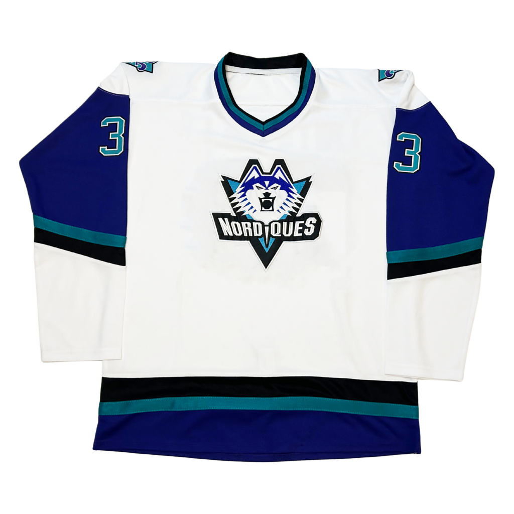 Quebec Nordiques Proposed Jersey white with purple, black and teal trim. Wolf logo with Nordiques underneath Royal Retros