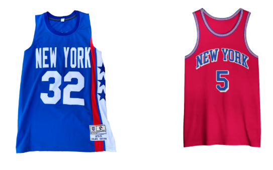 New York ABA basketball jerseys, one blue, one red